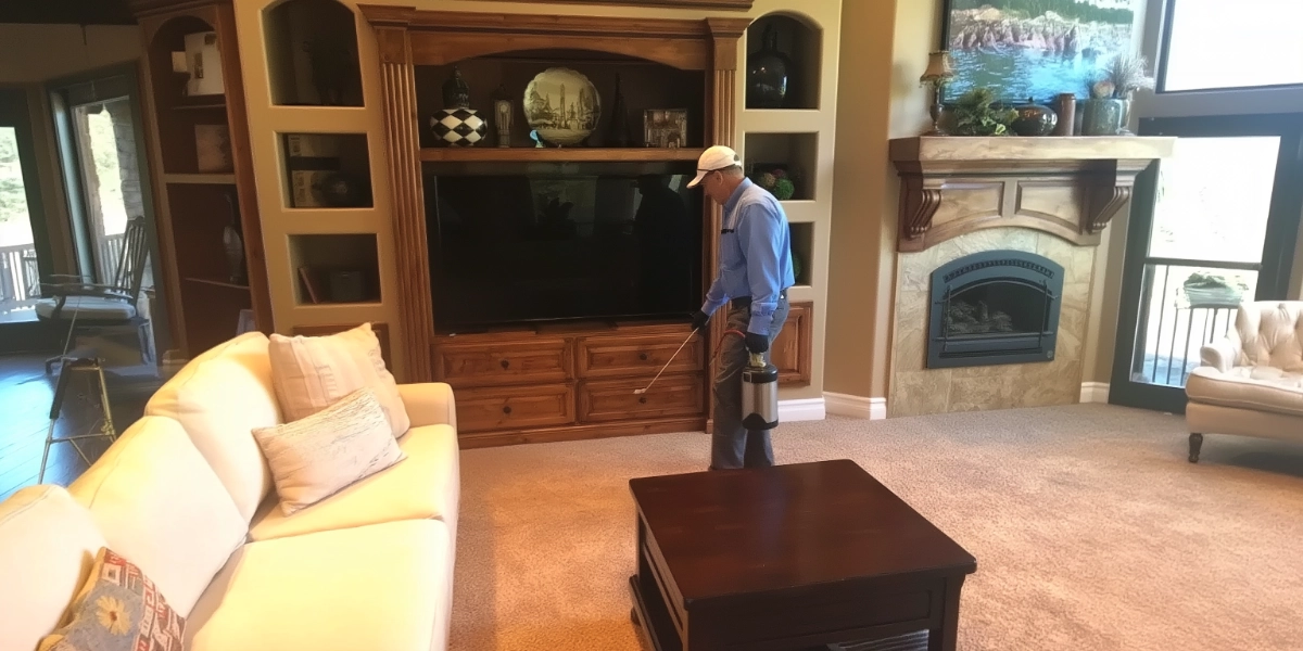 A pest control worker spraying inside a house